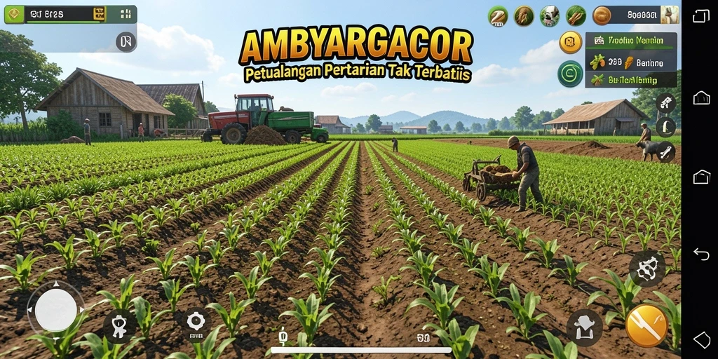 Tampilan menarik dari gameplay <strong>AMBYARGACOR</strong> memperlihatkan ladang yang luas dan penuh kegiatan pertanian.