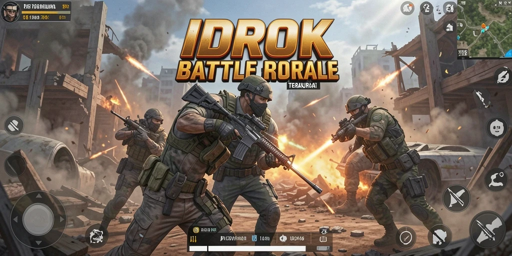 Screenshot gameplay IDROK menampilkan aksi pertempuran yang mendebarkan di arena Battle Royale.